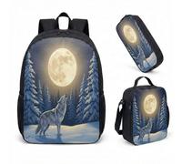 Realistic Wolf Print 17 Inch Backpack 3 Piece Set Dreamy Mountain Art School Bookbag for Boys Girls Men Women (05)