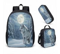 Realistic Wolf Print 17 Inch Backpack 3 Piece Set Dreamy Mountain Art School Bookbag for Boys Girls Men Women (02)
