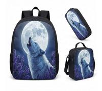 Realistic Wolf Print 17 Inch Backpack 3 Piece Set Dreamy Mountain Art School Bookbag for Boys Girls Men Women (04)