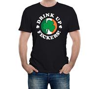 Reality Glitch Drink Up Feckers St Patrick's Day T-Shirt (Medium, Black)