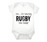Reality Glitch Shh.. I'm Watching Rugby with Daddy Babygrow Funny Newborn Gift (6-12 Months, White)