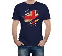 Reality Glitch Torn Union Jack Flag UK T Shirt (Large, Navy Blue)
