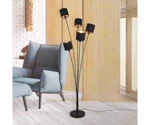 Reality Leuchten Tommy floor lamp, black/gold, height 163 cm, 5-bulb fabric