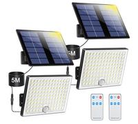 Realky Solar Lights for Outdoor Use with Remote Control, Outdoor Lamp with Motion Sensor, IP65 Waterproof Solar Light with 5 m Cable for Garage, Garden, Yard, Steps, Front Doors, Lawn - 2PCS