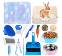 Reallnaive 15 Piece Rabbit Starter Kit Small Rabbit Litter Box Animal Grooming Kit Bunny Toys Bowl Blankets with Cleaning Set for Guinea Pig Ferret Hamster Hedgehog Rabbit Accessories