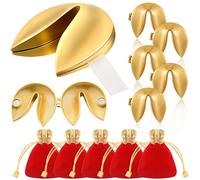 Reallnaive Gold 5 Set Fortune Cookie for Wedding Metal Fortune Cookie Box Individually Wrapped Paper Message with Red Velvet Bags Kit for Birthday Weddings Decoration Christmas Couples Keepsake