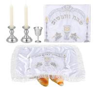 Reallnaive Modern Shabbat Havdalah Set White Satin Challah Cover Silver Candle Holders Silver Wine Cup White Taper Candles for Shabbat, Holiday and Havdalah Gifts