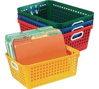 Really Good Stuff Plastic Storage Baskets for Classroom or Home Use - Stackable Mesh Plastic Baskets With Grip Handles - Assorted Primary Colors - 13" x 10" (Set of 4)