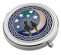 Really Nice Compact Mirror - Cats on Moon Design - Enamelled Pewterware