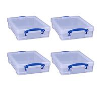 Really Useful Box 4 Liter Plastic Stackable Storage Container w/ Snap Lid & Built-In Clip Lock Handles for Home & Office Organization, Clear (4 Pack)