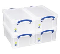 Really Useful Box 9 Litre Plastic Storage Box Clear, Multi-purpose stacking storage, with a lid and clip lock handles, Ideal for home, office, school and arts and crafts storage (Pack of 4)