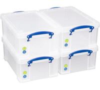 Really Useful Box 9 Litre Plastic Storage Box Clear, Multi-purpose stacking storage, with a lid and clip lock handles, Ideal for home, office, school and arts and crafts storage (Pack of 4)
