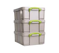 Really Useful Box Plastic Storage 18L Recycled Dove Grey with Green Handles Pack of 3