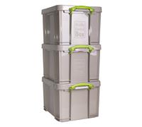 Really Useful Box Plastic Storage 35L Recycled Dove Grey with Green Handles Pack of 3