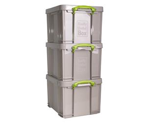 Really Useful Box Plastic Storage 35L Recycled Dove Grey with Green Handles Pack of 3