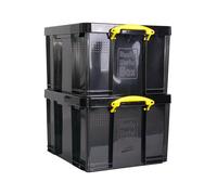 Really Useful Box Plastic Storage 42L Solid Black with Yellow Handles Pack of 2