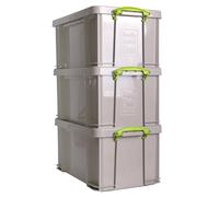Really Useful Box Plastic Storage 48L Recycled Dove Grey with Green Handles Pack of 3