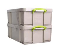 Really Useful Box Plastic Storage 50 Litre Recycled Dove Grey with Green Handles Pack of 2