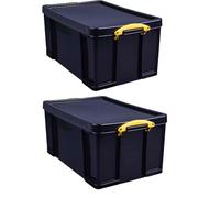 Really Useful Box Plastic Storage 64 Litre Black Yellow Handles Pack of 2