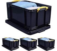 Really Useful Box Plastic Storage 64 Litre Solid Black with Yellow Handles (Pack of 4)