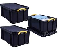 Really Useful Box Plastic Storage 64 Litre Solid Black Yellow Handles pack of 3