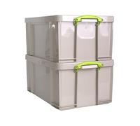 Really Useful Box Plastic Storage 64L Recycled Dove Grey with Green Handles Pack of 2