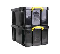 Really Useful Box Plastic Storage 64L Solid Black with Yellow Handles Pack of 2