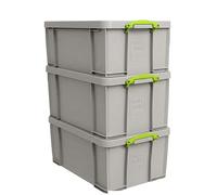 Really Useful Box Plastic Storage (Bonus Pack of 3) 2x84L + 1x64L Dove Grey with Green handles