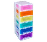 Really Useful Box Plastic Storage Slimline Tower 6x3.5 Litre Clear Frame with Rainbow Drawers