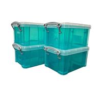 Really Useful Generic 0.7L Clear Plastic Storage Boxes with Lids, Set of 4 (Aqua), 15.5 cm (L) x 10 cm (W) x 8 cm (H), Basic, Stackable
