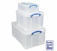 Really Useful Nest Of 3 Storage Boxes 64L 35L 9L Stackable Clip Lock Lids Durable Plastic Storage Containers Multi Size Set