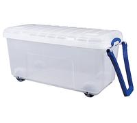 Really Useful Plastic Storage Box 160 Litre Wheeled trunk in Clear (Blue Wheels+Handles)