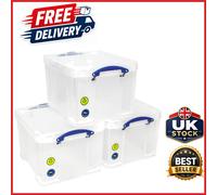 Really Useful Plastic Storage Box 3x35 Litre Clear Stackable Latch Lid