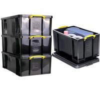 Really Useful Plastic Storage Box 84 Litre Black Yellow Handles Pack of 4
