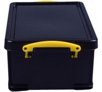 Really Useful Box Plastic Storage Box 9 Litre Solid Black with Yellow Handles