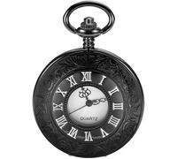 Realpoo Black Hollow Roman Covered Quartz Men's Pocket Watch,Luminous Arabic Numerals Black Dial Pocket Watch with Chain