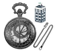 Realpoo Black Hollowed Latitude and Longitude Design Men's Pocket Watch Set, Arabic Numeral Dial Pocket Watch Set with Patch Necklace