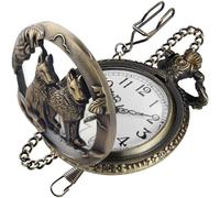 Realpoo Bronze Hollowed Out Two Wolf Quartz Men's Pocket Watch, Arabic Numeral Dial with Chain Pocket Watch for Men, CF-new26