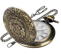 Realpoo Bronze Large Decorative Flower Pattern Pocket Watch White Roman Numeral Scale Quartz Pocket Watches for Men with Chain, Bronze, Classic