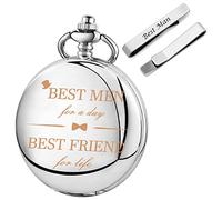 Realpoo Engraved Wedding Quartz Pocket Watch Set Silver Tie Clips Wedding Keepsake Presents for Man Groom, WD-Best Man, Modern