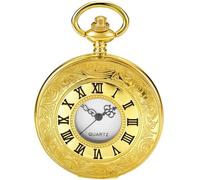 Realpoo Gold Hollow Roman Covered Quartz Men's Pocket Watch,Luminous Arabic Numerals Black Dial Pocket Watch with Chain