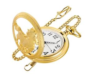 Realpoo Hollowed Out Two Wolf Quartz Men's Pocket Watch, Arabic Numeral Dial with Chain Pocket Watch for Men, CF-new39