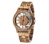 Realpoo Men's Transparent Watch Hollow Arabic Numeral Dial Quartz Wooden Men's Watch, Quartz Movement Vintage Natural Wooden Strap Watches for Men, QW105, Modern