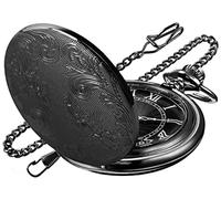 Realpoo Quartz Movement Black Floral Design Pocket Watch for Men, Black, Classic
