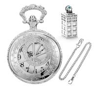 Realpoo Silver Hollowed Latitude and Longitude Design Men's Pocket Watch Set, Arabic Numeral Dial Pocket Watch Set with Patch Necklace