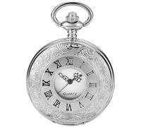 Realpoo Silvery Hollow Roman Covered Quartz Men's Pocket Watch,Luminous Arabic Numerals Black Dial Pocket Watch with Chain