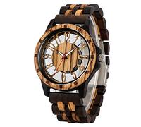 Realpoo Wooden Watches Mens Ebony Zebra Wooden Quartz Men's Watch,Foldover Clasp Wood Strap Wooden Watches for Men, QW106-deep