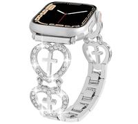 REALSIGN Bling Metal Bracelet Compatible with Apple Watch Band 42 44 45 46 49mm Women,Cross Band Love Heart Shape Wristband for iWatch Series 10 9 8 7 6 5 4 3 2 SE Ultra 2 (Silver, 44MM)