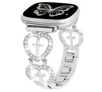REALSIGN Bling Metal Bracelet Compatible with Fitbit Versa 4/Versa 3/Sense 2/Sense Band Women,Cross Band Love Heart Shape Watch Band Replacement Smartwatch Strap (Silver)