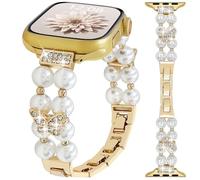 REALSIGN Elastic Pearl Beads Bracelet Women Compatible with Apple Watch Band 38 40 41mm,Jewelry Wristband Bling Diamond Charms Band for iWatch Series 10 9 8 7 6 5 4 3 2 SE Ultra (P-3 Gold, 38MM)
